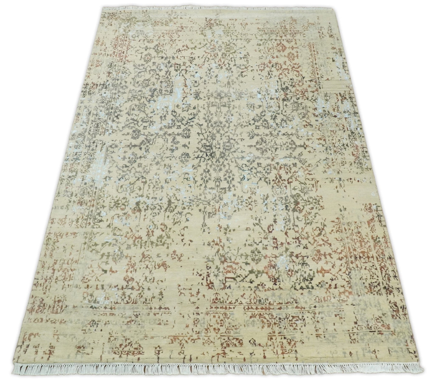 6x9 Fine Hand Knotted Beige and Rust Vintage Persian Style Antique Wool and Silk Rug