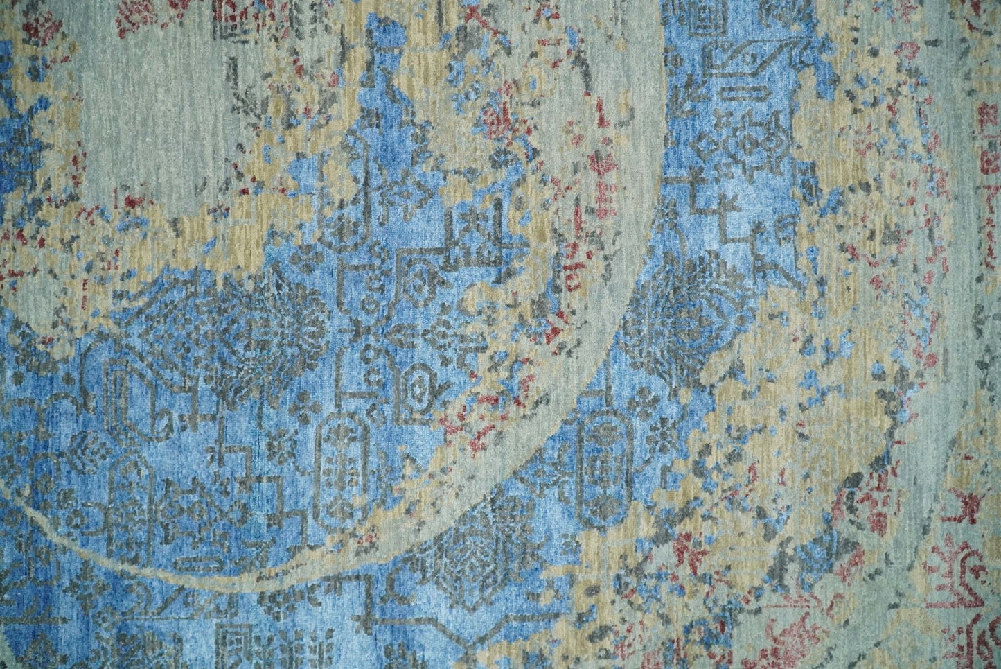 8x10 Fine Hand Knotted Beige and Blue Modern Abstract Style Wool and Silk Area Rug