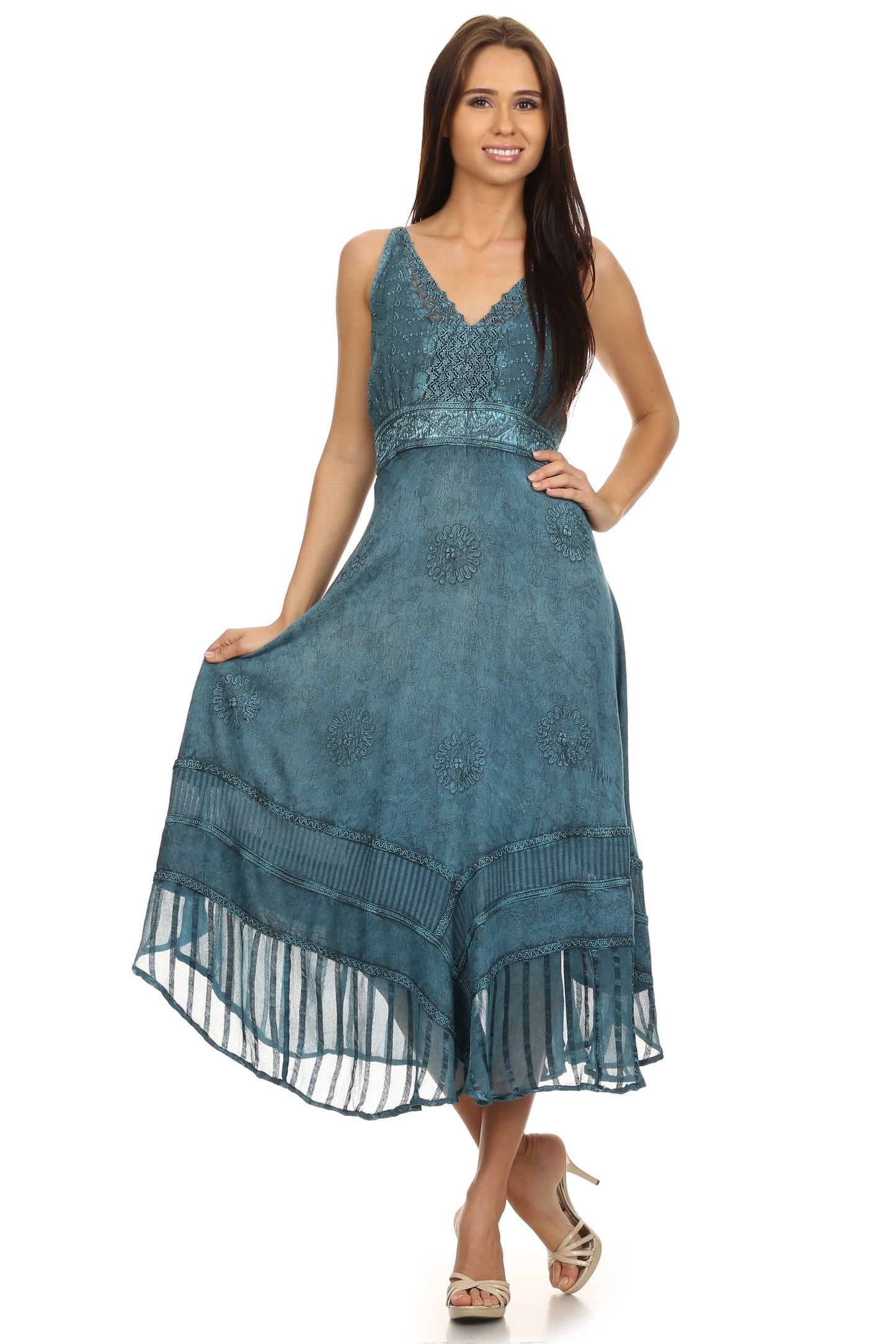 Sakkas Jammeh Stonewashed Embroidery Rayon Adjustable Spaghetti Straps Dress