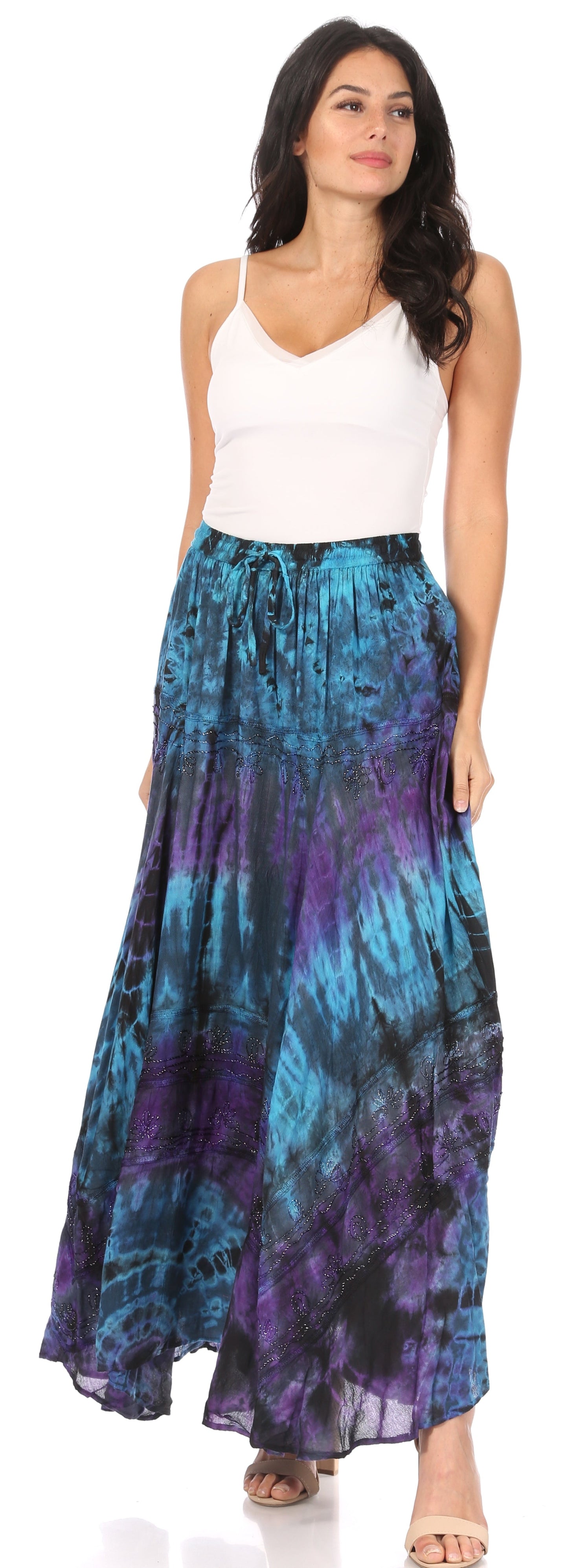 Sakkas Ester Womens Simple Boho Maxi Full circle Tie-dye Skirt with Elastic Waist