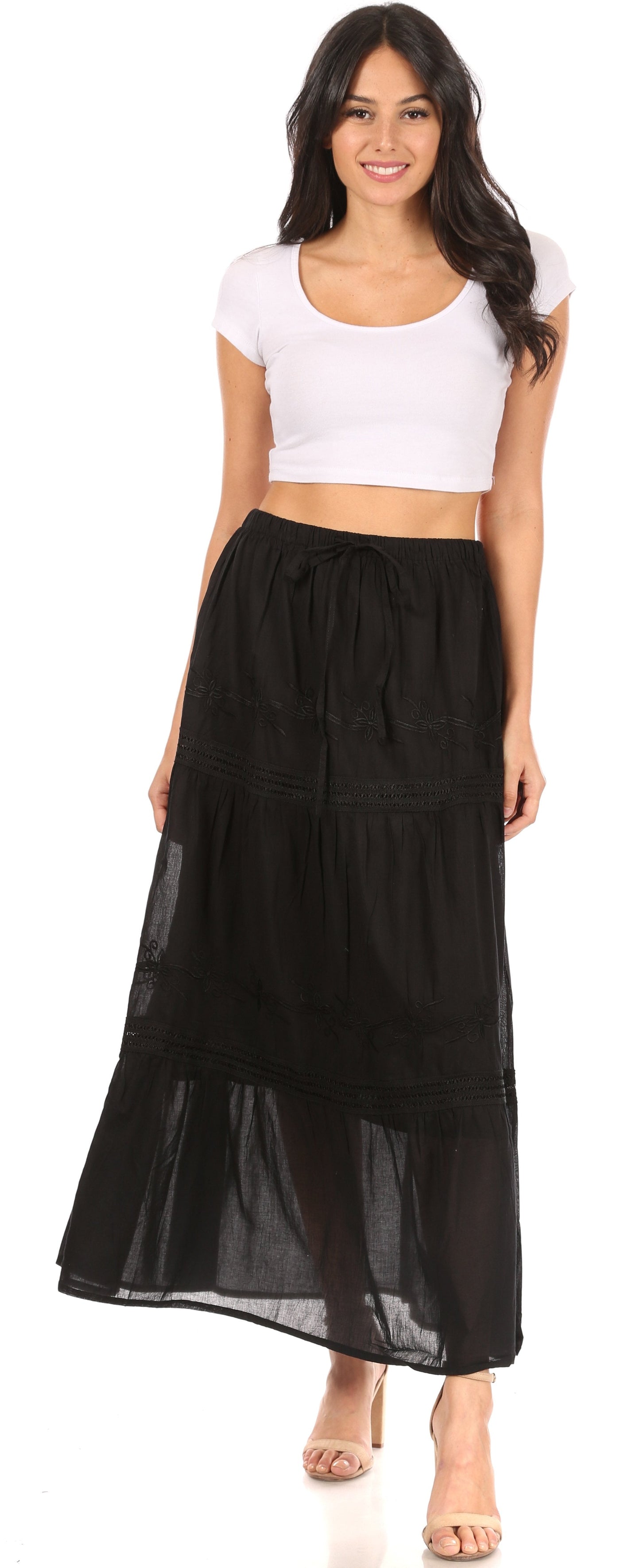 Sakkas Takara Maxi Broomstick Cascading Peasant Skirt with Elastic Waist