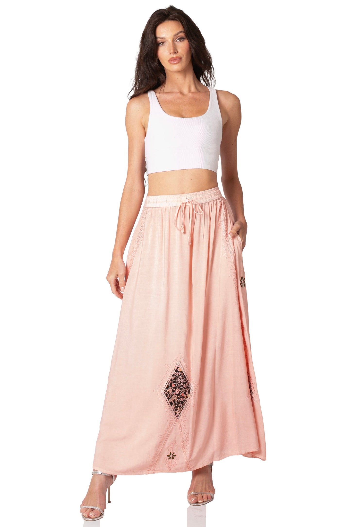 Sakkas Zarah Women's Boho Embroidery Gypsy Skirt with Lace Elastic Waist Pockets