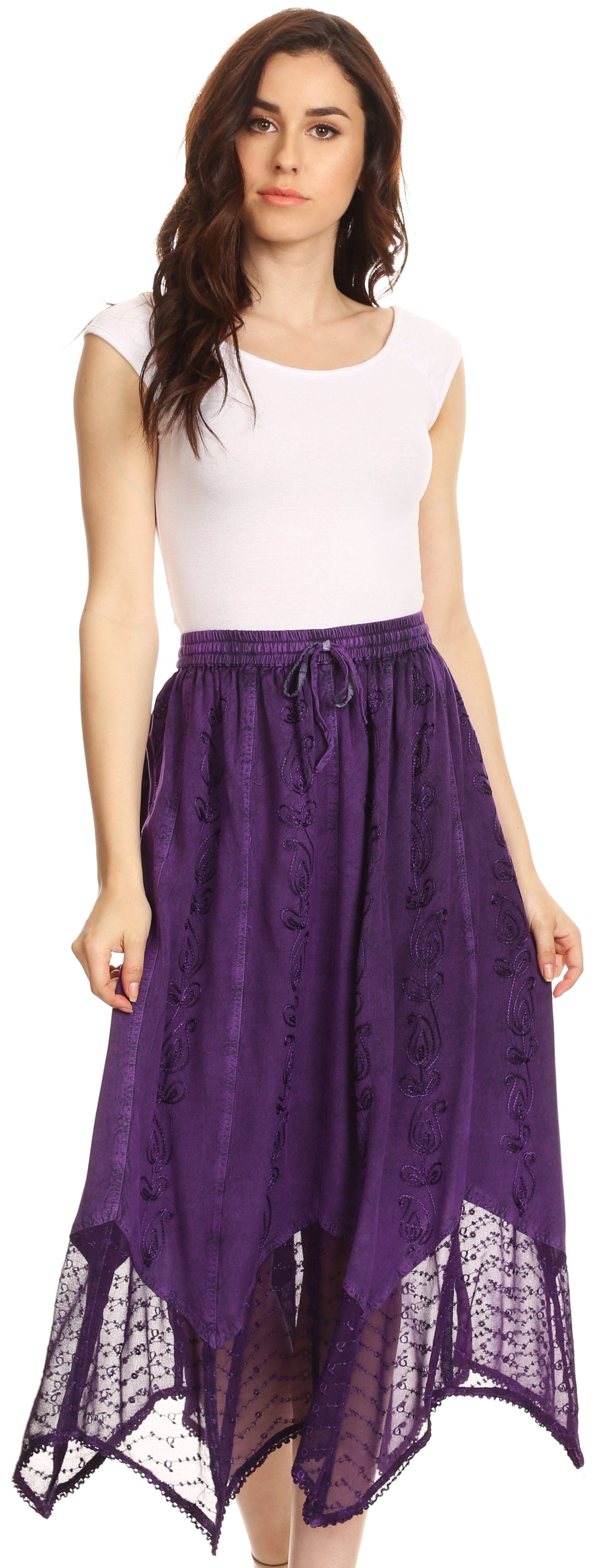 Sakkas Emma Adjustable Handkerchief Eyelet Hem Casual Skirt with Embroidery