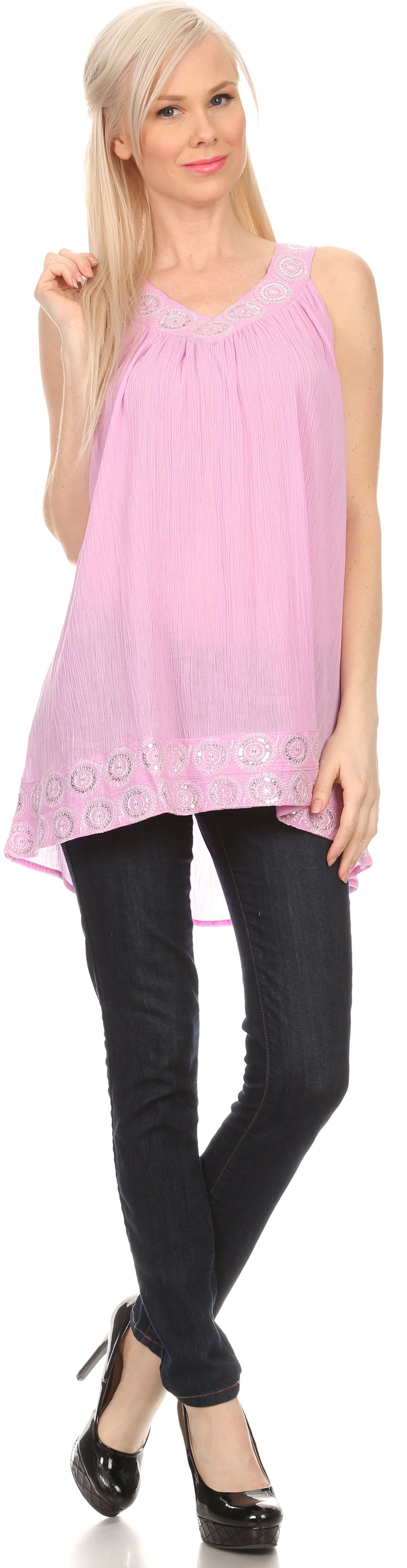 Sakkas Tyra Sequin Embroidered Relaxed Fit Sleeveless V-Neck Top