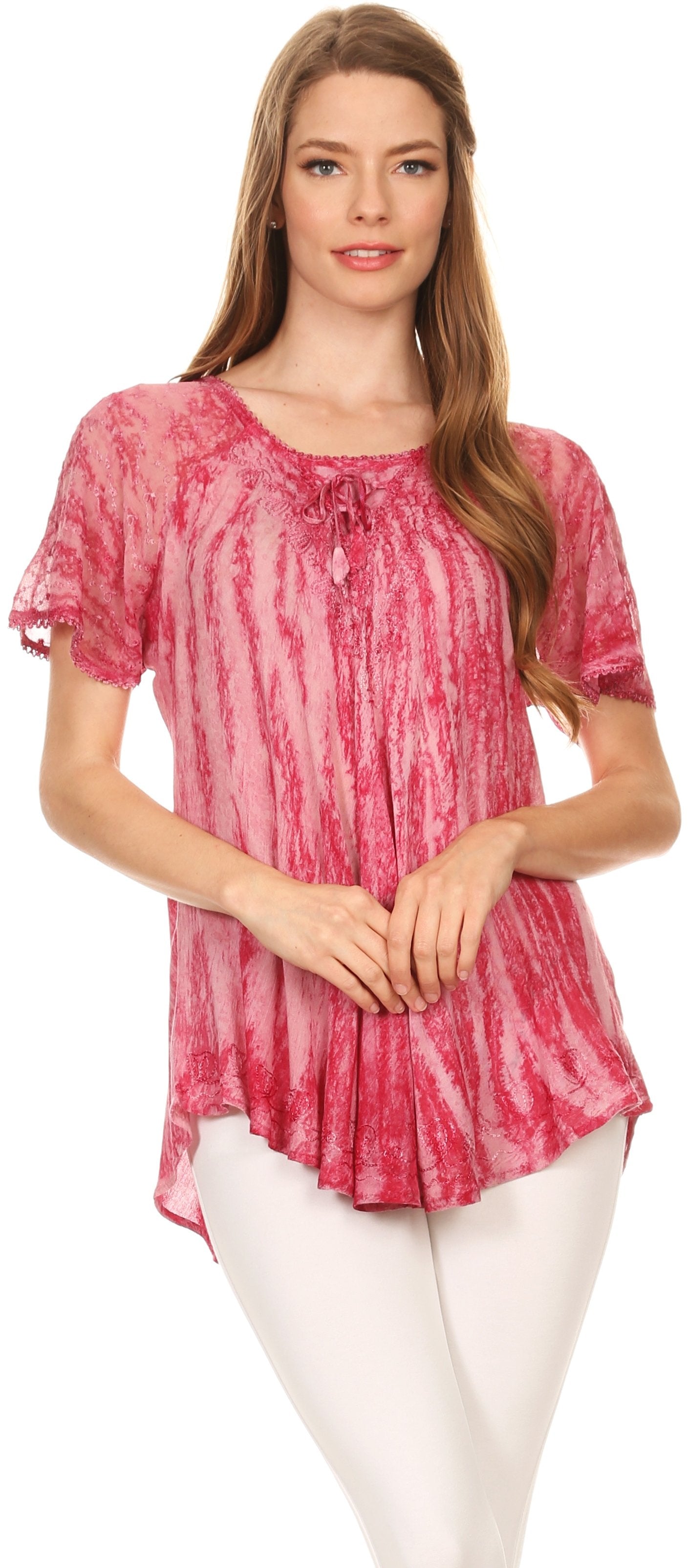 Sakkas Zoya Marbled Embroidery Cap Sleeves Blouse / Top
