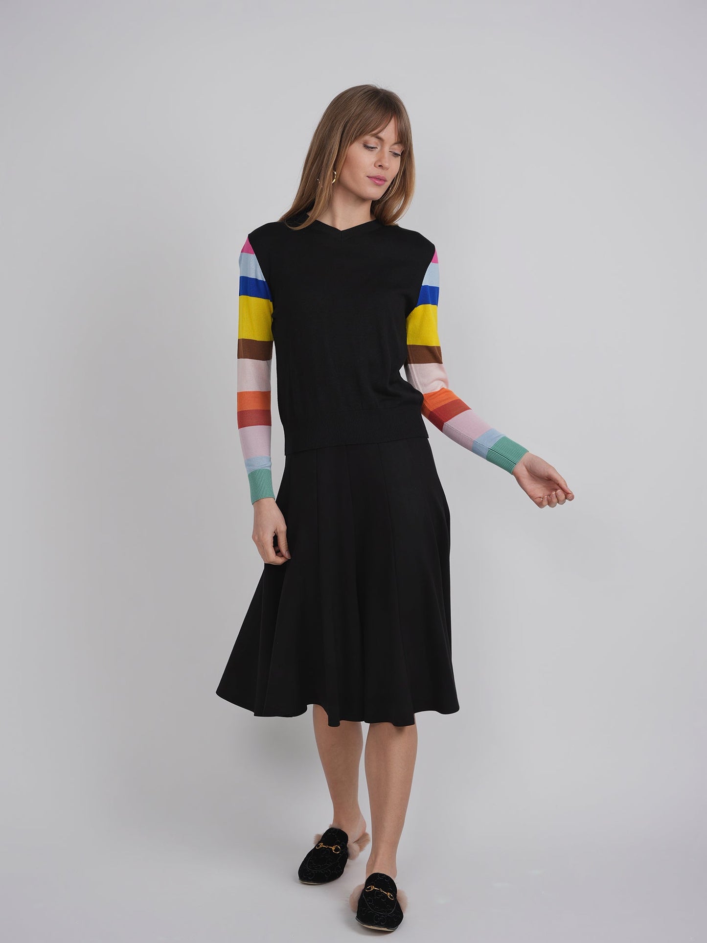 V Neck Sweater With Striped Sleeves