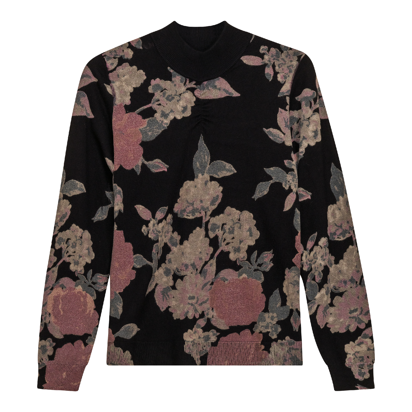 Printed Shirred Mock Neck Sweater