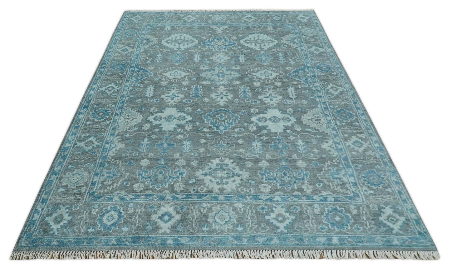Antique Turkish Gray and Blue Hand Knotted 8x10 Wool Area Rug