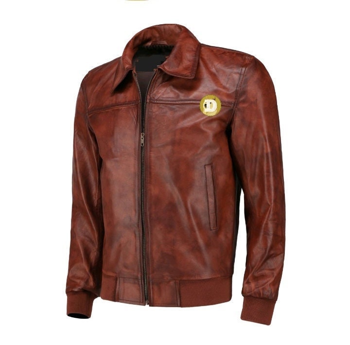 Handmade Dogecoin Brown Bomber Leather Jacket