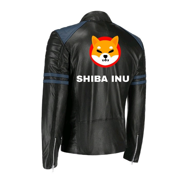 Handmade Shiba Inu Bomber Leather Jacket Blue Stripes