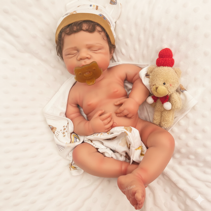 Hendrix 19” W/ NEWBORN CURLY HAIR, CUSTOM MADE Full Silicone Boy Tan Skin Tone open mouth TAT 10 days