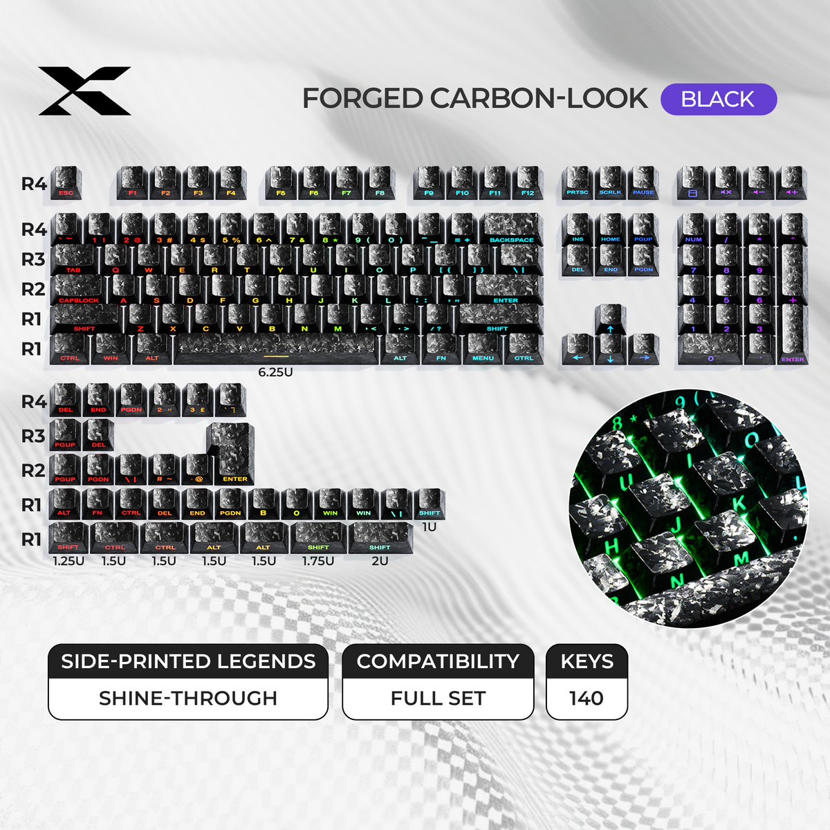 XVX Forged Carbon-Look Cherry Profile Side-Printed PC Keycap Set
