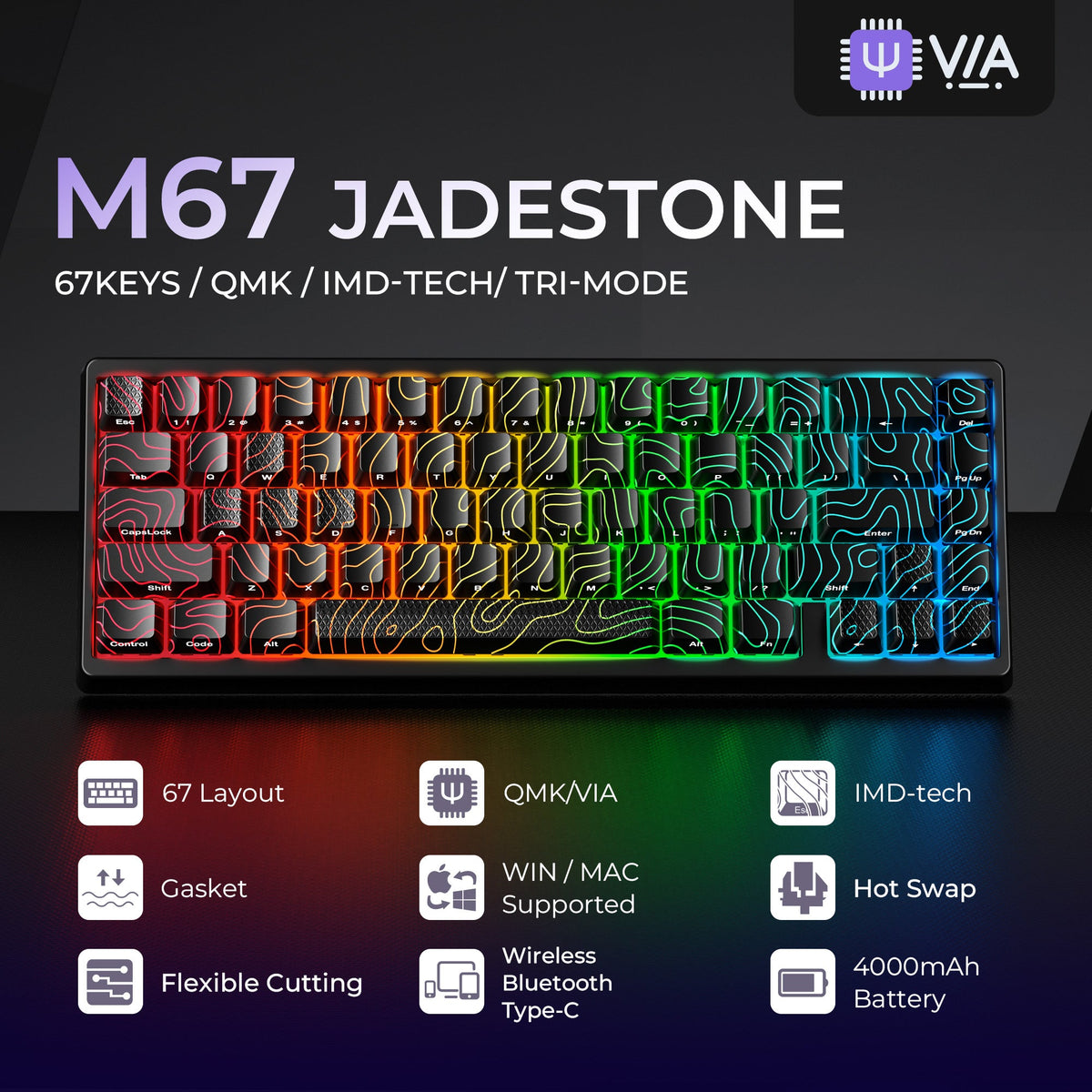 XVX M67 JadeStone Interstellar Black Tri-Mode RGB Mechanical Keyboard