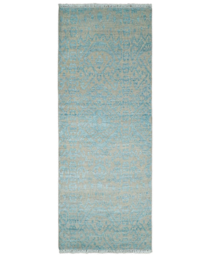 3x8 Fine Hand Knotted Camel and Blue Traditional Persian Style Antique Wool and Silk Rug