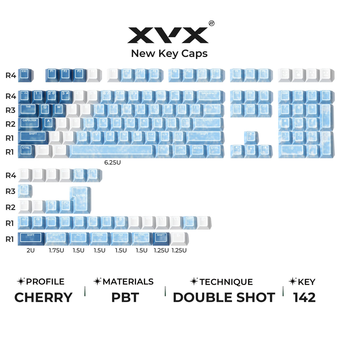 XVX PRISM Shine-Through Double-Shot Cherry Profile 142-Key PBT Keycap Set