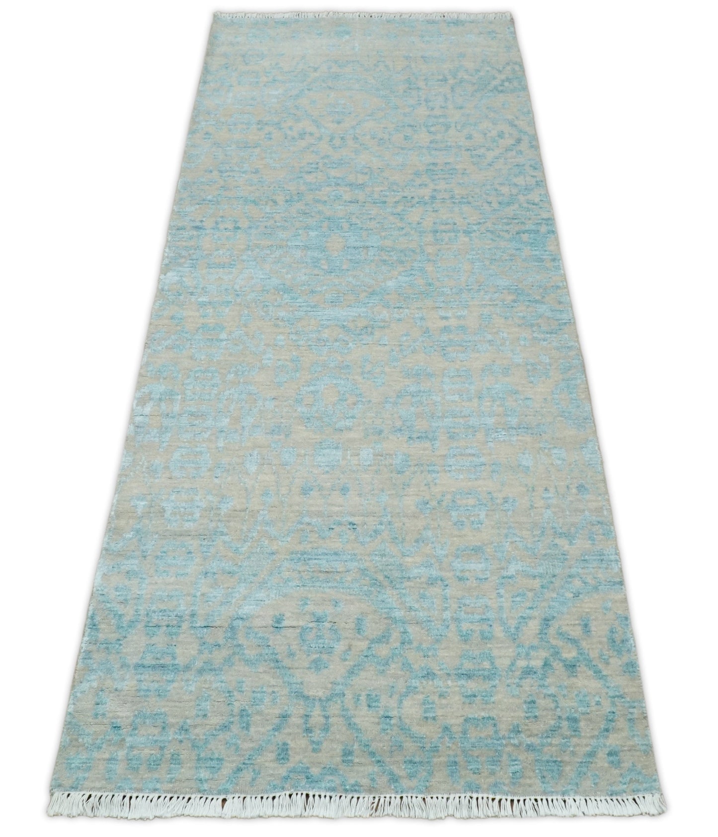 3x8 Fine Hand Knotted Camel and Blue Traditional Persian Style Antique Wool and Silk Rug