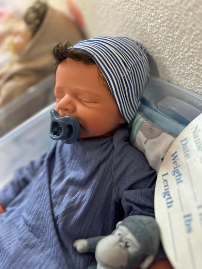 Hendrix 19” W/ NEWBORN CURLY HAIR, CUSTOM MADE Full Silicone Boy Tan Skin Tone open mouth TAT 10 days