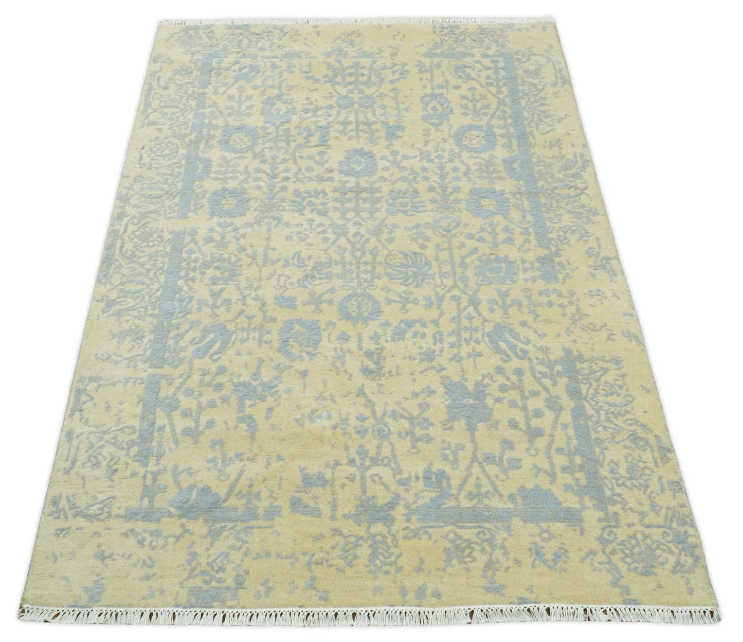 4x6 Fine Hand Knotted Gold and Silver Traditional Persian Style Antique Wool and Silk Rug