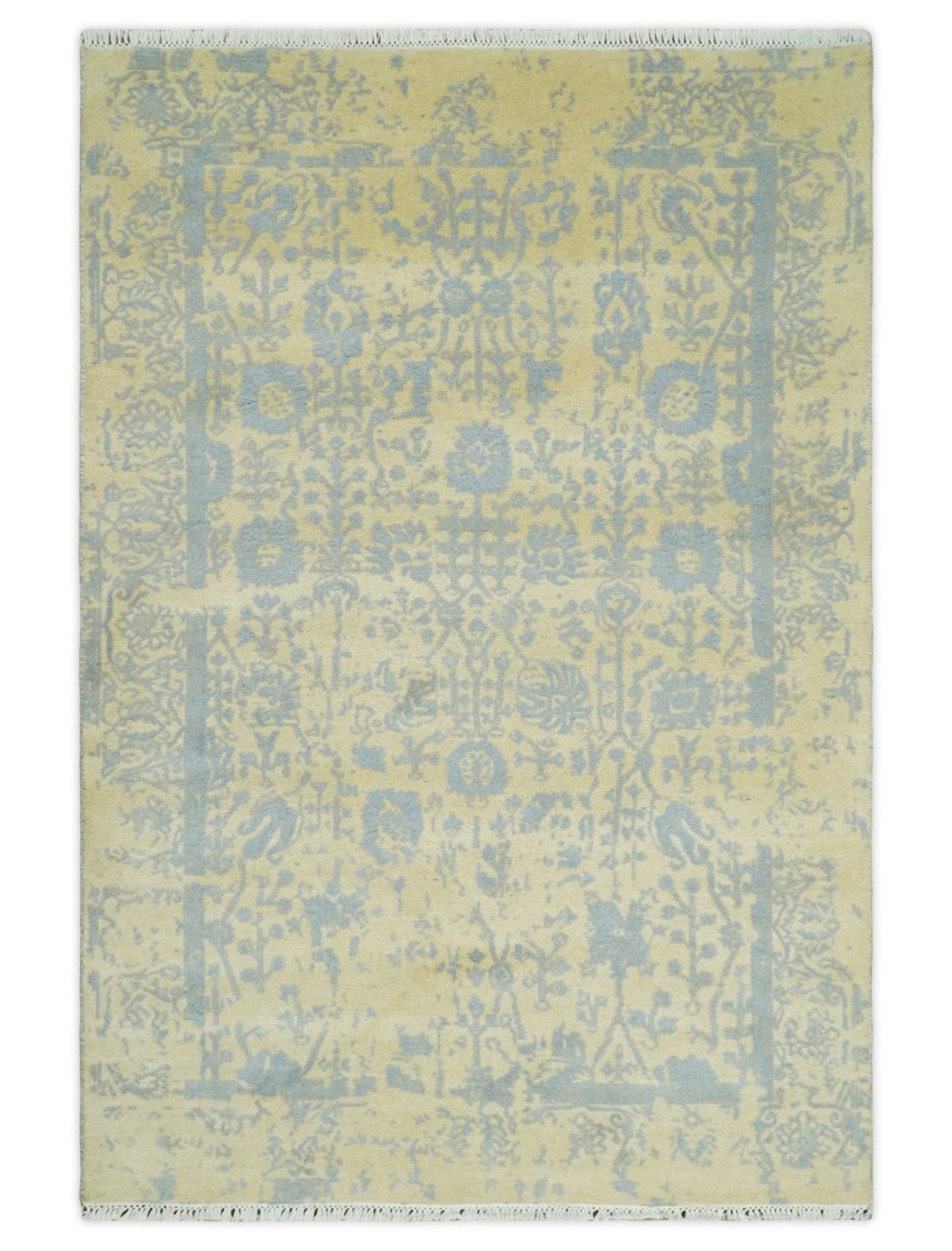 4x6 Fine Hand Knotted Gold and Silver Traditional Persian Style Antique Wool and Silk Rug