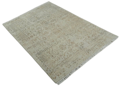 5x7 Fine Hand Knotted Beige and Brown Traditional Style Antique Wool and Silk Rug