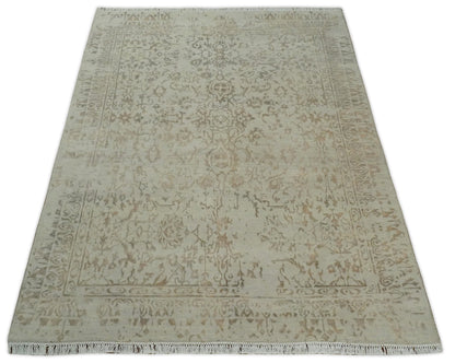 5x7 Fine Hand Knotted Beige and Brown Traditional Style Antique Wool and Silk Rug