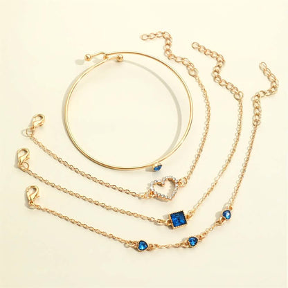 4pcs Rhinestone Alloy Bracelet Set – Minimalist Heart & Square Design