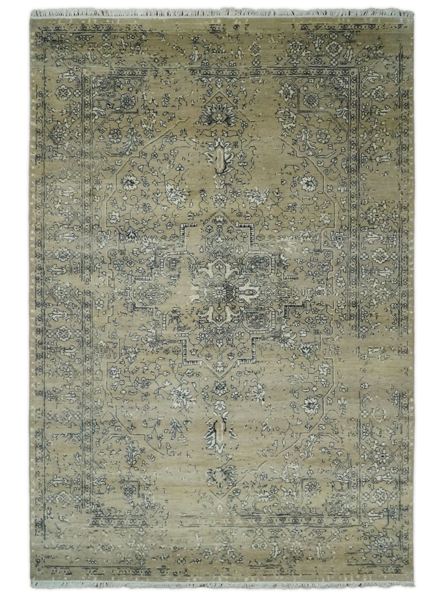 6x9 Fine Hand Knotted Beige and Black Traditional Vintage Persian Style Antique Wool Rug