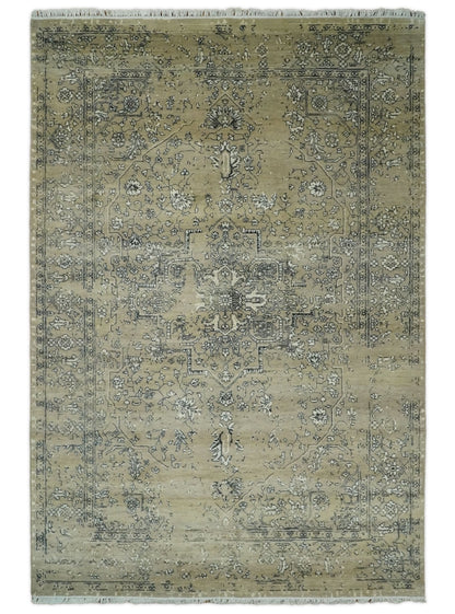 6x9 Fine Hand Knotted Beige and Black Traditional Vintage Persian Style Antique Wool Rug