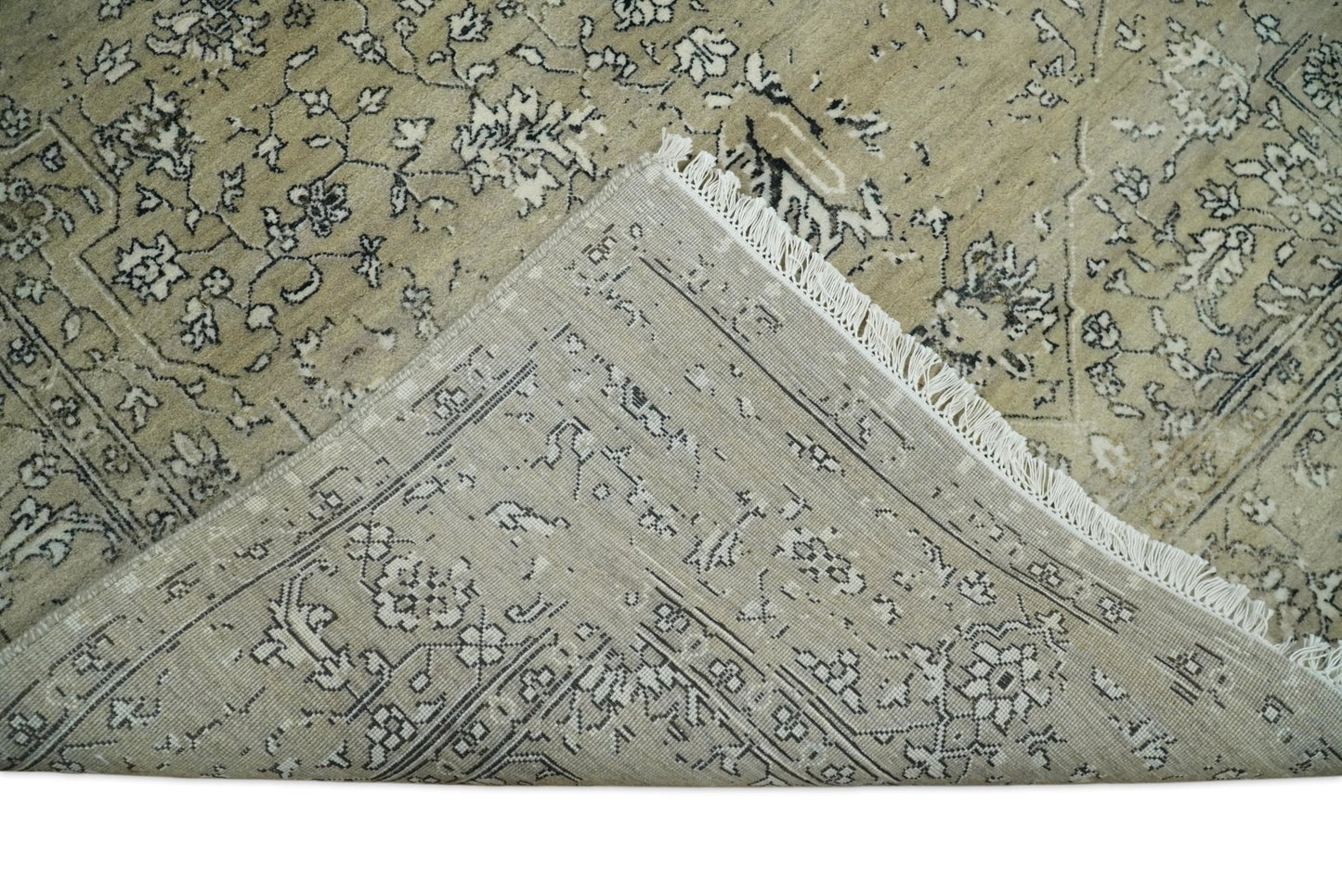 6x9 Fine Hand Knotted Beige and Black Traditional Vintage Persian Style Antique Wool Rug