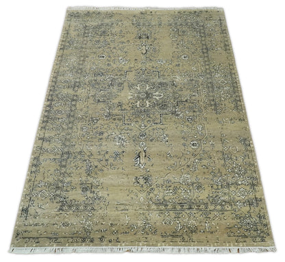 6x9 Fine Hand Knotted Beige and Black Traditional Vintage Persian Style Antique Wool Rug