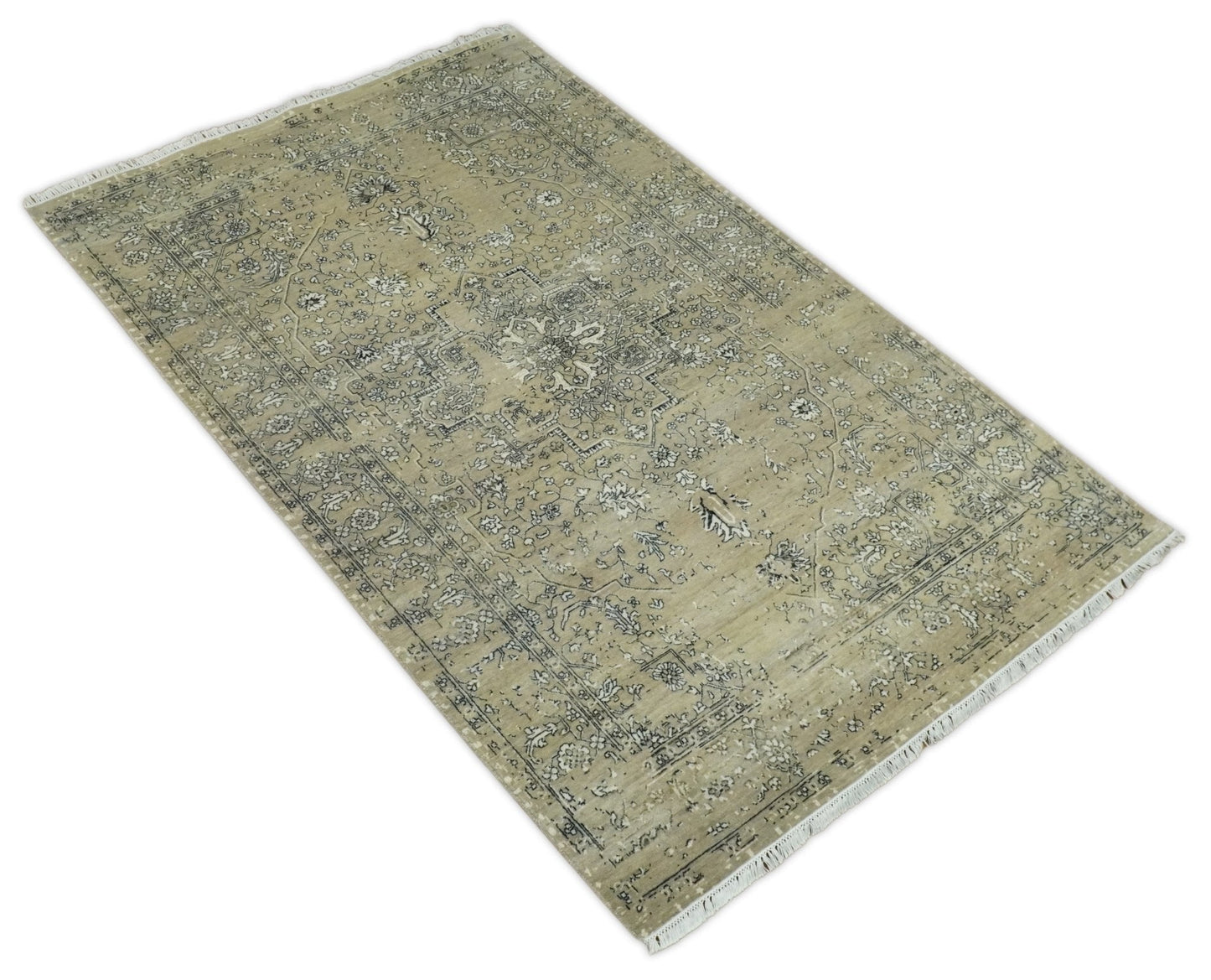 6x9 Fine Hand Knotted Beige and Black Traditional Vintage Persian Style Antique Wool Rug