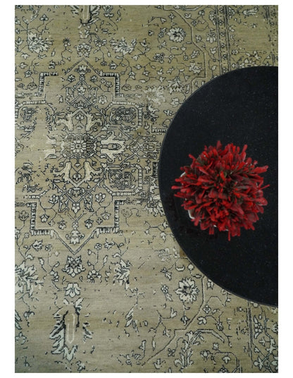 6x9 Fine Hand Knotted Beige and Black Traditional Vintage Persian Style Antique Wool Rug