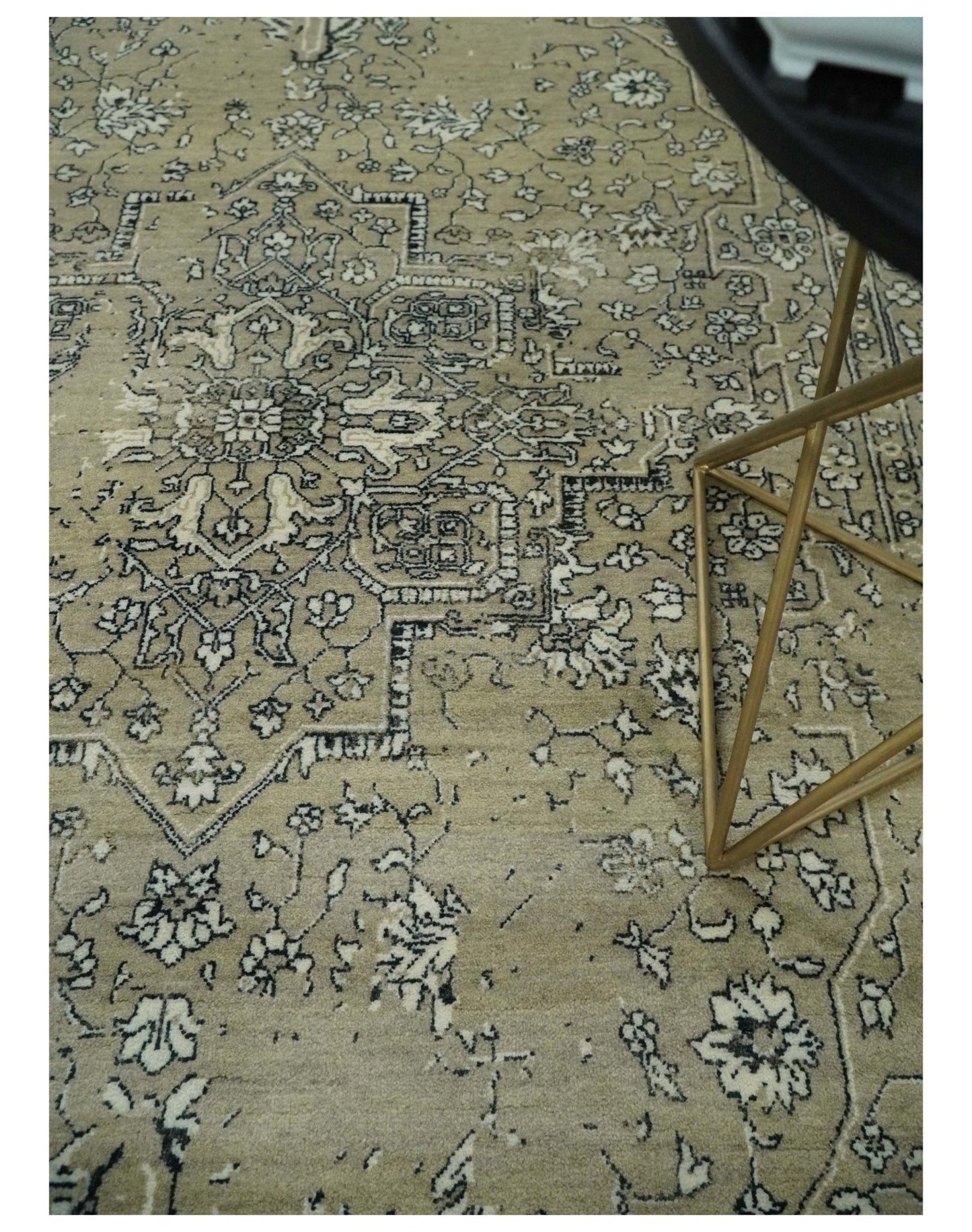 6x9 Fine Hand Knotted Beige and Black Traditional Vintage Persian Style Antique Wool Rug