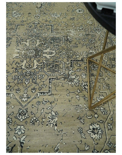 6x9 Fine Hand Knotted Beige and Black Traditional Vintage Persian Style Antique Wool Rug