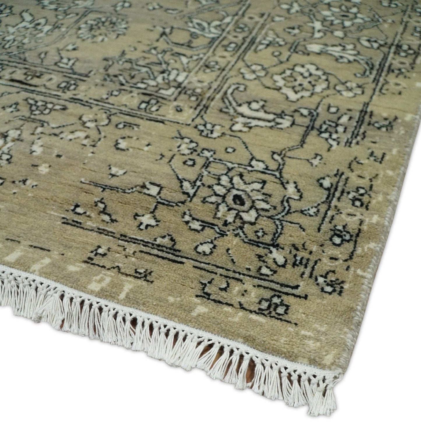 6x9 Fine Hand Knotted Beige and Black Traditional Vintage Persian Style Antique Wool Rug