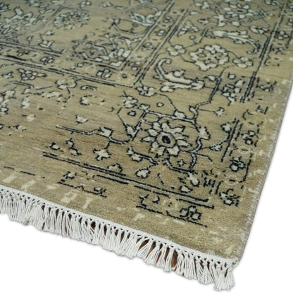 6x9 Fine Hand Knotted Beige and Black Traditional Vintage Persian Style Antique Wool Rug