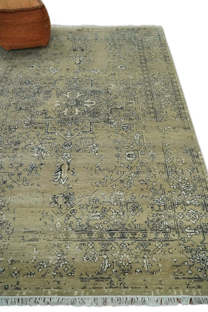 6x9 Fine Hand Knotted Beige and Black Traditional Vintage Persian Style Antique Wool Rug