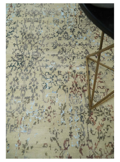 6x9 Fine Hand Knotted Beige and Rust Vintage Persian Style Antique Wool and Silk Rug