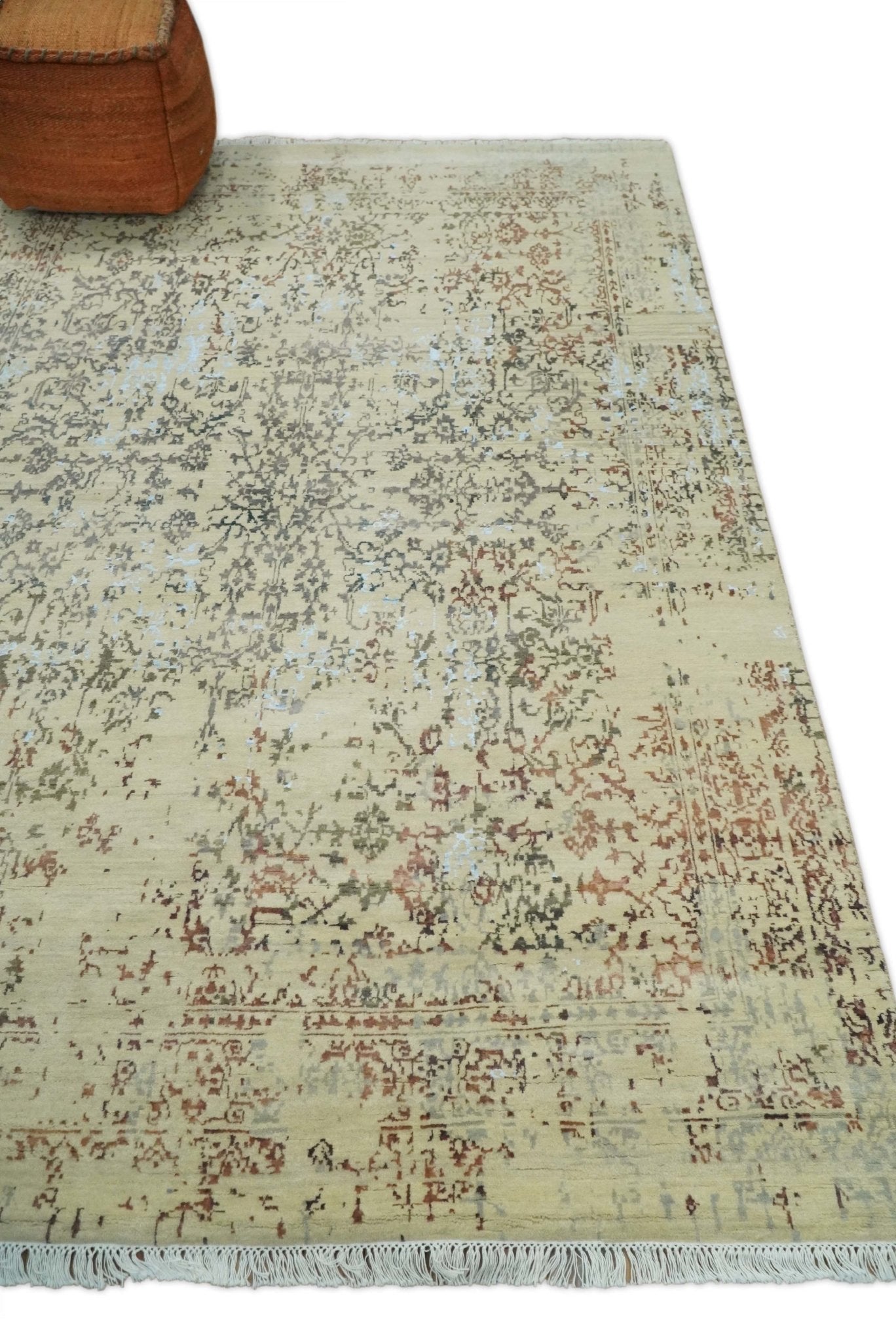 6x9 Fine Hand Knotted Beige and Rust Vintage Persian Style Antique Wool and Silk Rug