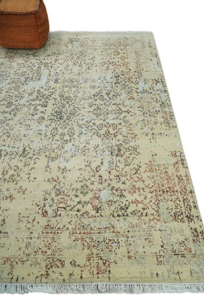 6x9 Fine Hand Knotted Beige and Rust Vintage Persian Style Antique Wool and Silk Rug