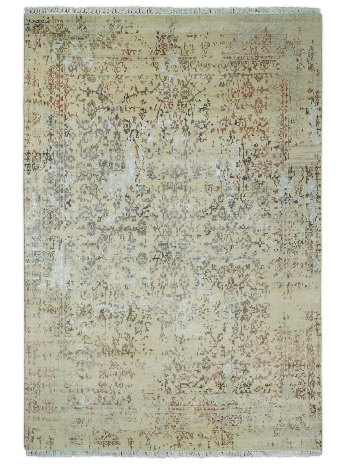 6x9 Fine Hand Knotted Beige and Rust Vintage Persian Style Antique Wool and Silk Rug