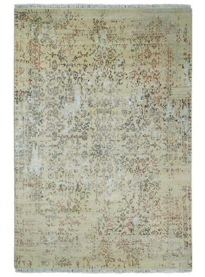 6x9 Fine Hand Knotted Beige and Rust Vintage Persian Style Antique Wool and Silk Rug