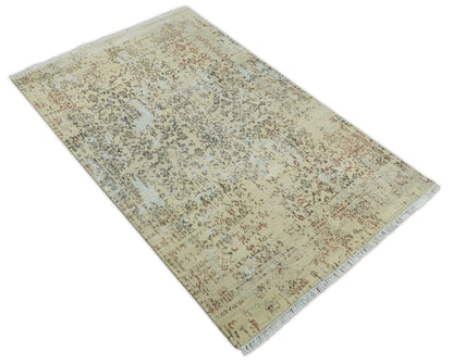 6x9 Fine Hand Knotted Beige and Rust Vintage Persian Style Antique Wool and Silk Rug