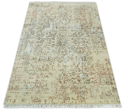 6x9 Fine Hand Knotted Beige and Rust Vintage Persian Style Antique Wool and Silk Rug