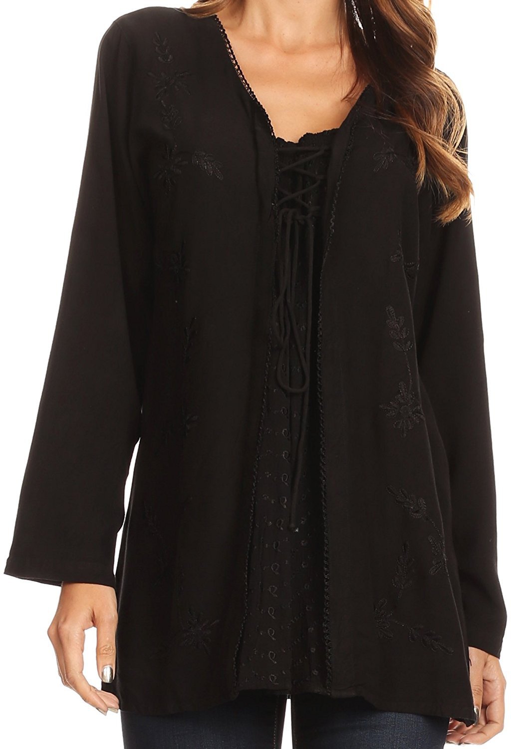 Sakkas Caylyan Long Adjustable Embroidered Long Sleeve Blouse With Corset Top