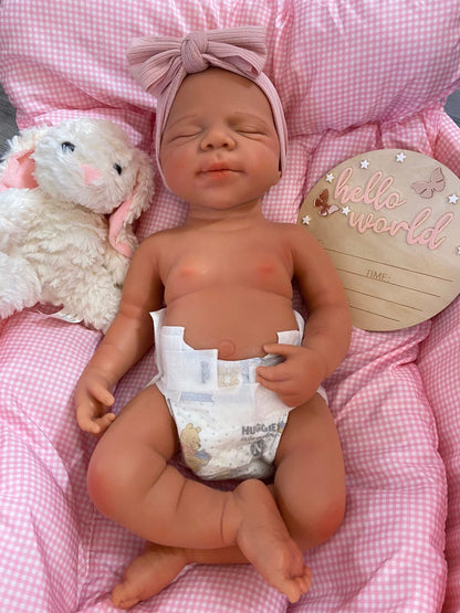 Victoria 19” reborn baby Full Silicone Girl Tan Skin Tone approx 7.2lbs wears newborn open mouth