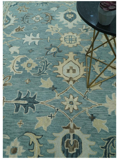8x10 Blue, Ivory and Beige Hand Tufted Oriental Oushak wool area rug