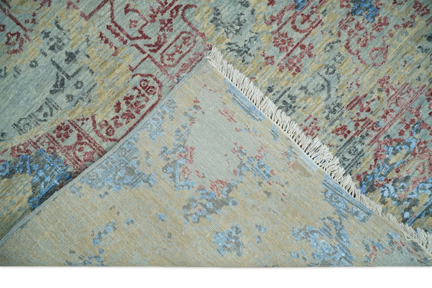 8x10 Fine Hand Knotted Beige and Blue Modern Abstract Style Wool and Silk Area Rug