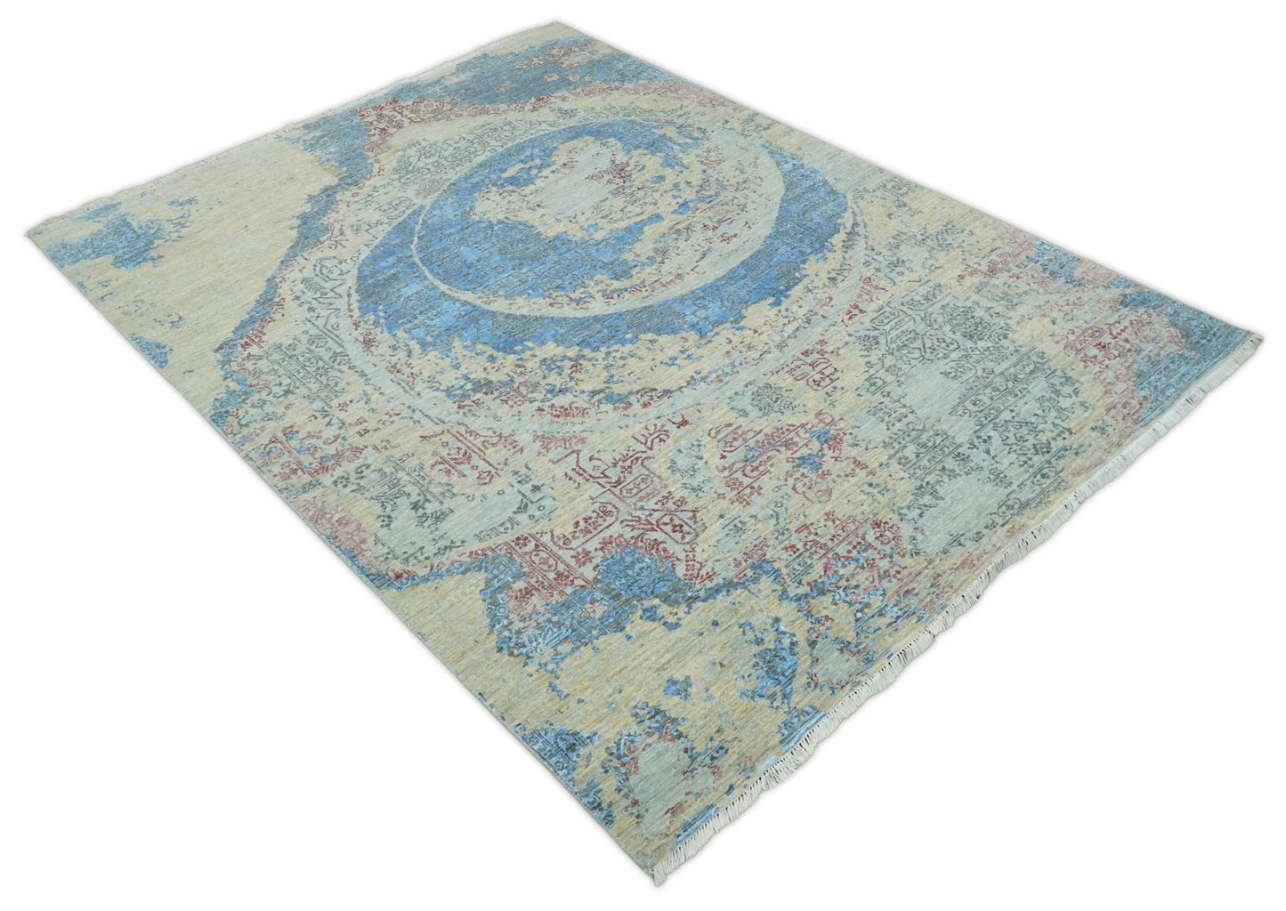 8x10 Fine Hand Knotted Beige and Blue Modern Abstract Style Wool and Silk Area Rug