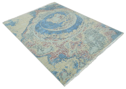 8x10 Fine Hand Knotted Beige and Blue Modern Abstract Style Wool and Silk Area Rug